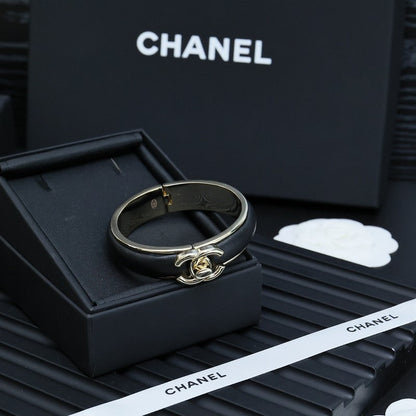 18K  Chanel Black Leather Cuff Bracelet