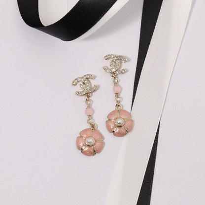 18K  Chanel Black & Pink Camellia Diamond Long Earrings