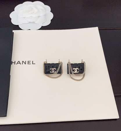 18K  Chanel Black Bag Pendant Earrings
