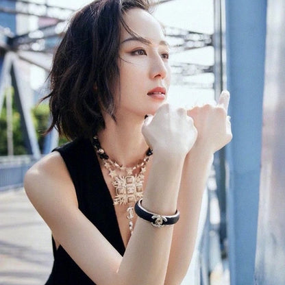 18K  Chanel Black Leather Cuff Bracelet