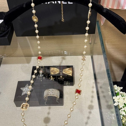 18K  Chanel Long Pearl Red Crystals Necklace