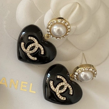 18K  Chanel Black Heart Earrings