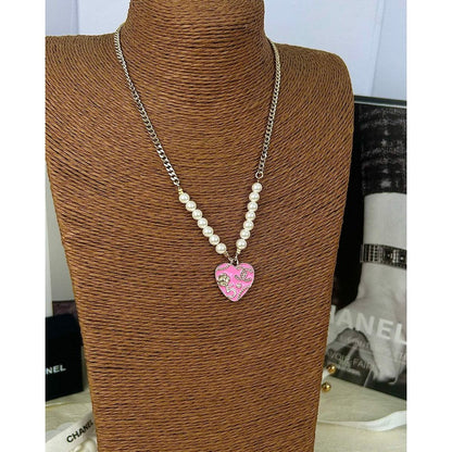 18K  Chanel Pink & Black Heart Pearl Necklace