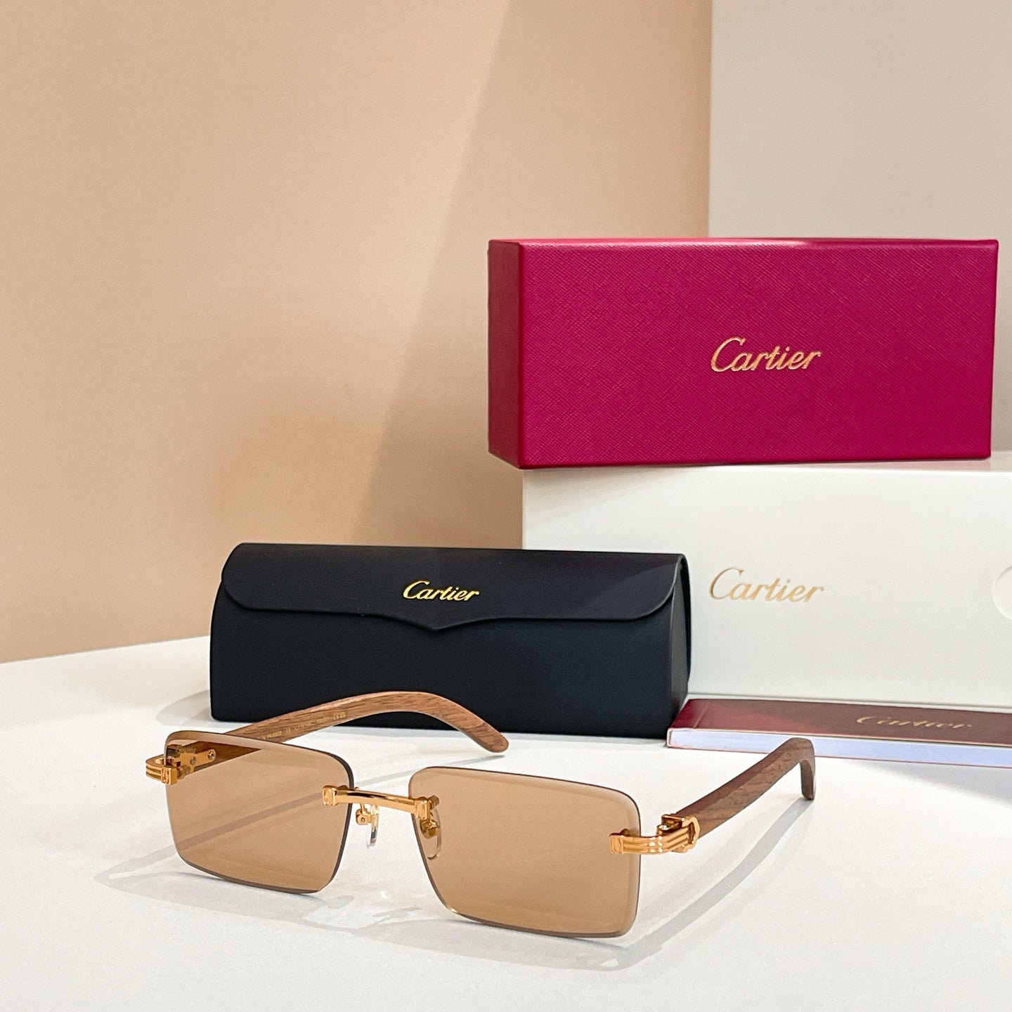 CARTIER RIMLESS RECTANGULAR FRAME SUNGLASSES CT0619S IN METAL AND WOODEN