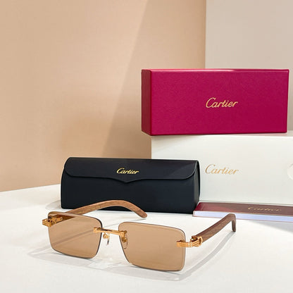 CARTIER RIMLESS RECTANGULAR FRAME SUNGLASSES CT0619S IN METAL AND WOODEN