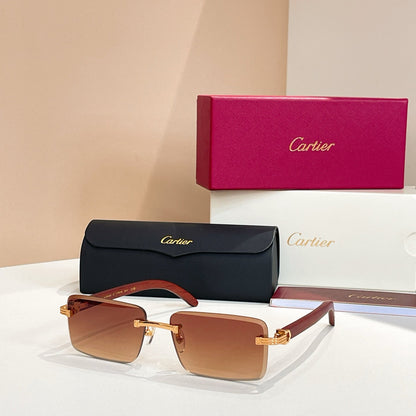 CARTIER RIMLESS RECTANGULAR FRAME SUNGLASSES CT0619S IN METAL AND WOODEN