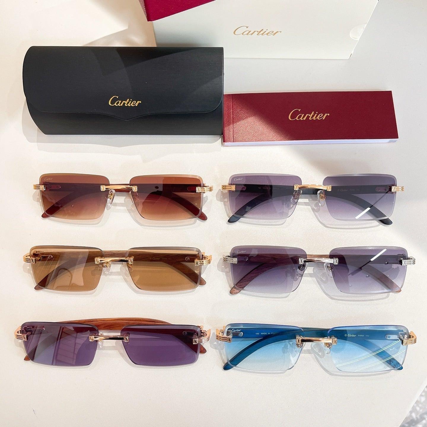 CARTIER RIMLESS RECTANGULAR FRAME SUNGLASSES CT0619S IN METAL AND WOODEN