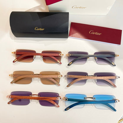 CARTIER RIMLESS RECTANGULAR FRAME SUNGLASSES CT0619S IN METAL AND WOODEN