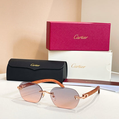 CARTIER RIMLESS GEOMETRIC FRAME SUNGLASSES 579510 IN METAL AND WOODEN