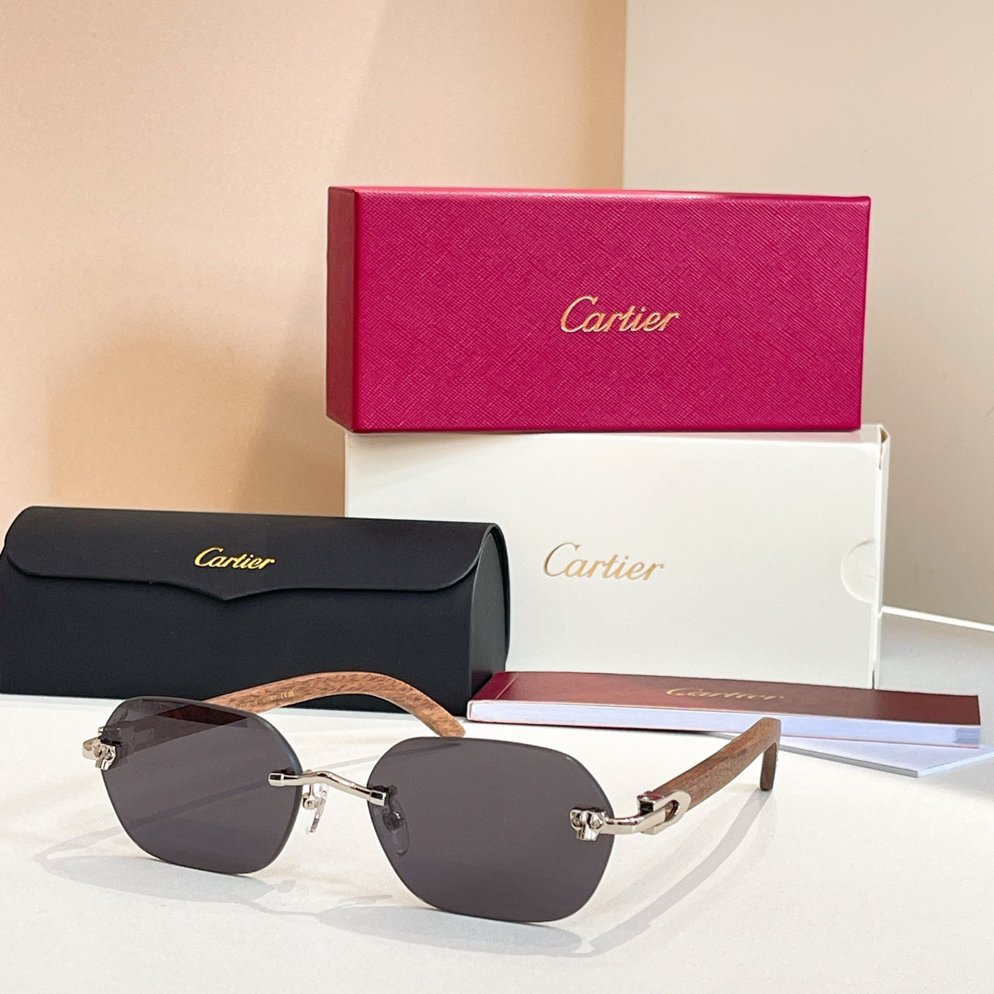CARTIER RIMLESS GEOMETRIC FRAME SUNGLASSES 579510 IN METAL AND WOODEN