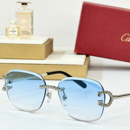CARTIER CRYSTAL STUDDED RIMLESS SQUARE FRAME SUNGLASSES CT0604S IN METAL