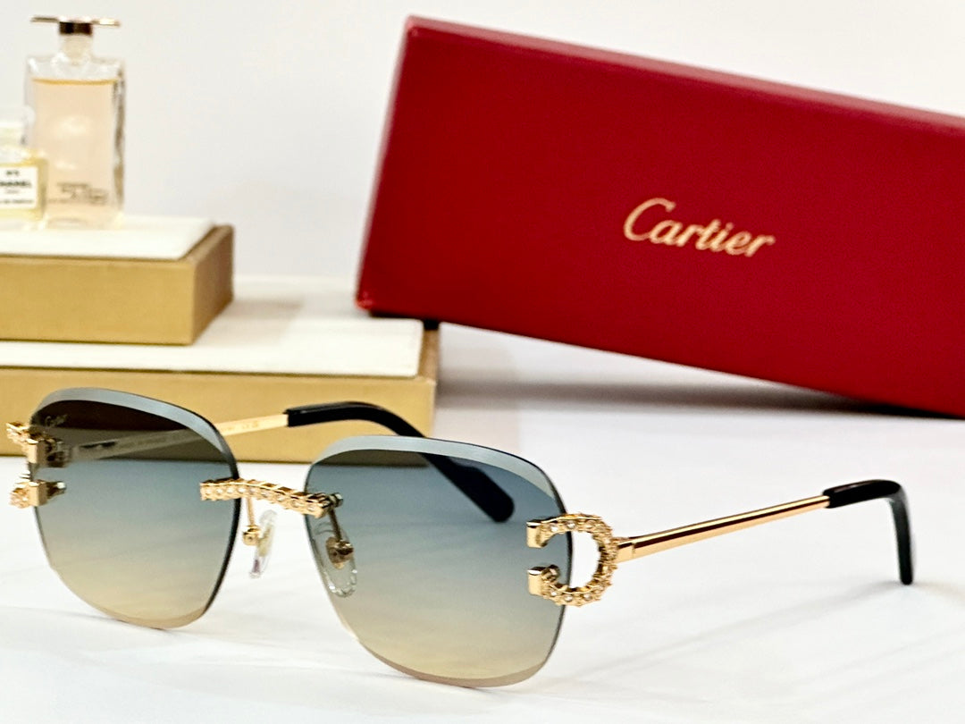 CARTIER CRYSTAL STUDDED RIMLESS SQUARE FRAME SUNGLASSES CT0604S IN METAL