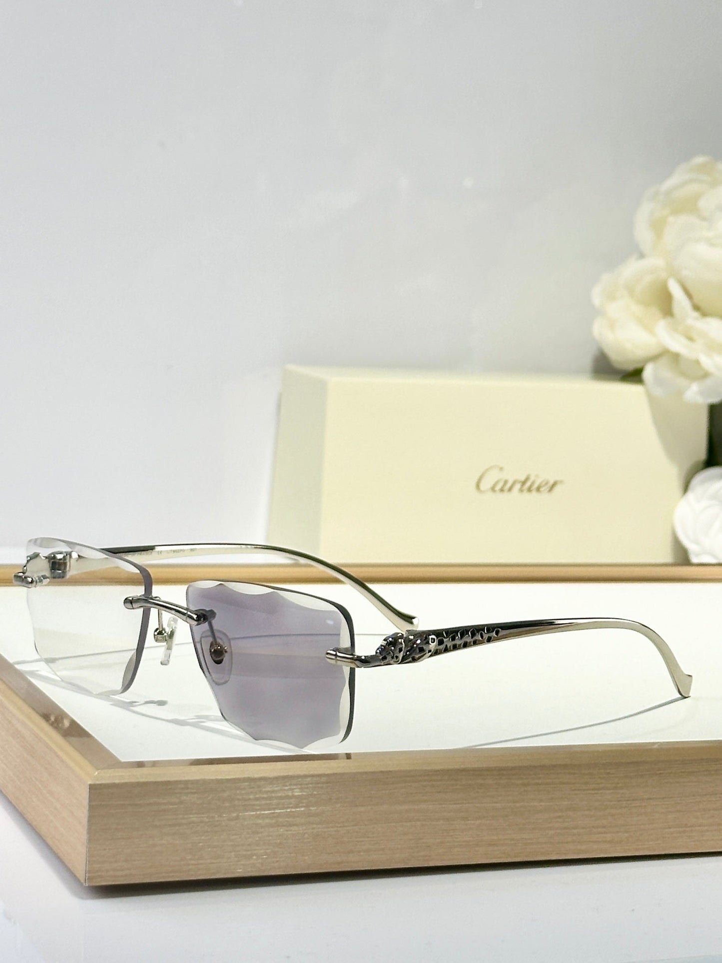 CARTIER PANTHÈRE PHOTOCHROMIC LENSES RIMLESS SQUARE FRAME SUNGLASSES 580911 IN METAL