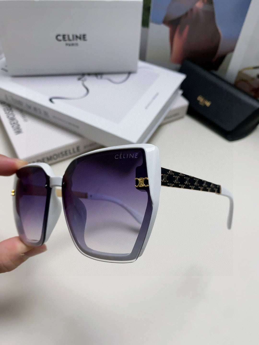 CELINE TRIOMPHE SUNGLASSES 497829 IN WHITE ACETATE EMBOSSED LOGO