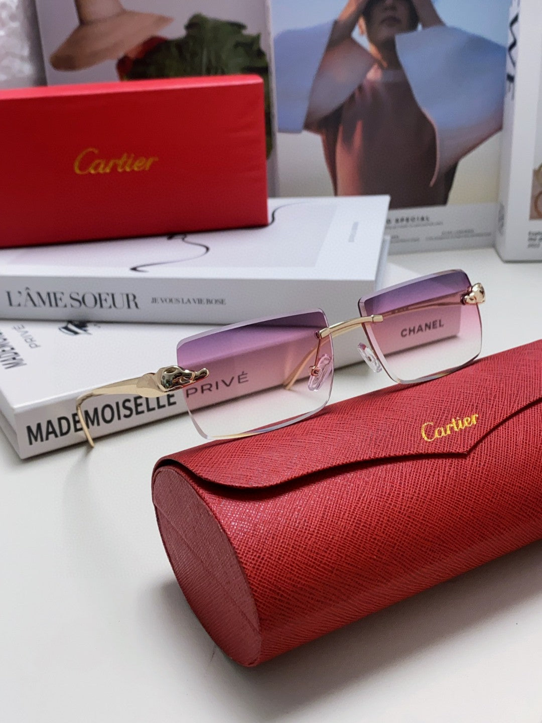 CARTIER PANTHÈRE RIMLESS RECTANGULAR FRAME SUNGLASSES 543543 IN METAL