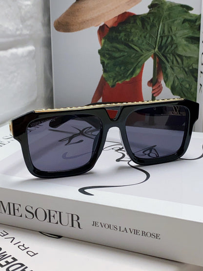 LOUIS VUITTON MASCOT PILOT SQUARE SUNGLASSES 581378 IN BLACK ACETATE GOLD METAL