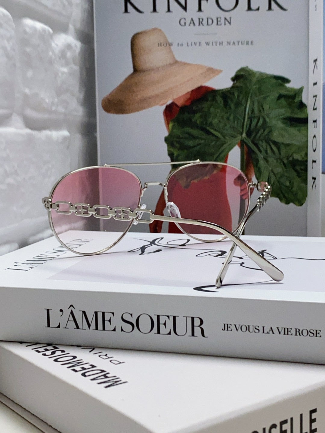 LOUIS VUITTON CHAIN PILOT SUNGLASSES 581380 IN SILVER METAL PINK SMOKE LENSES