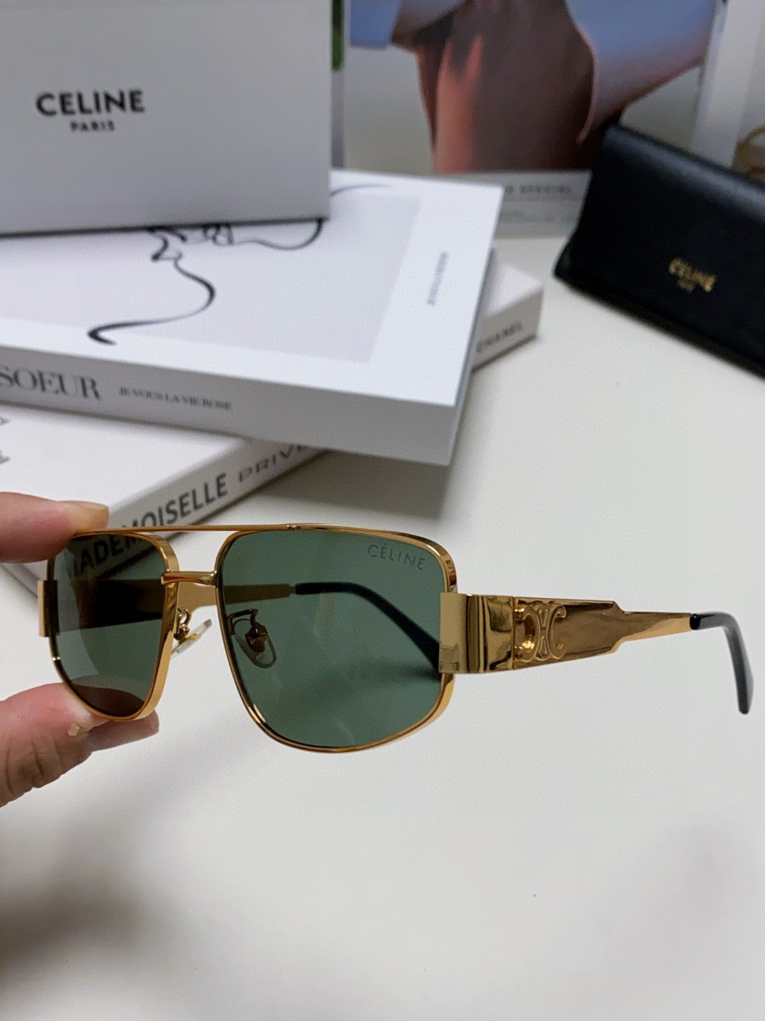 CELINE TRIOMPHE SUNGLASSES 512997 IN GOLD METAL BLUE LENSES
