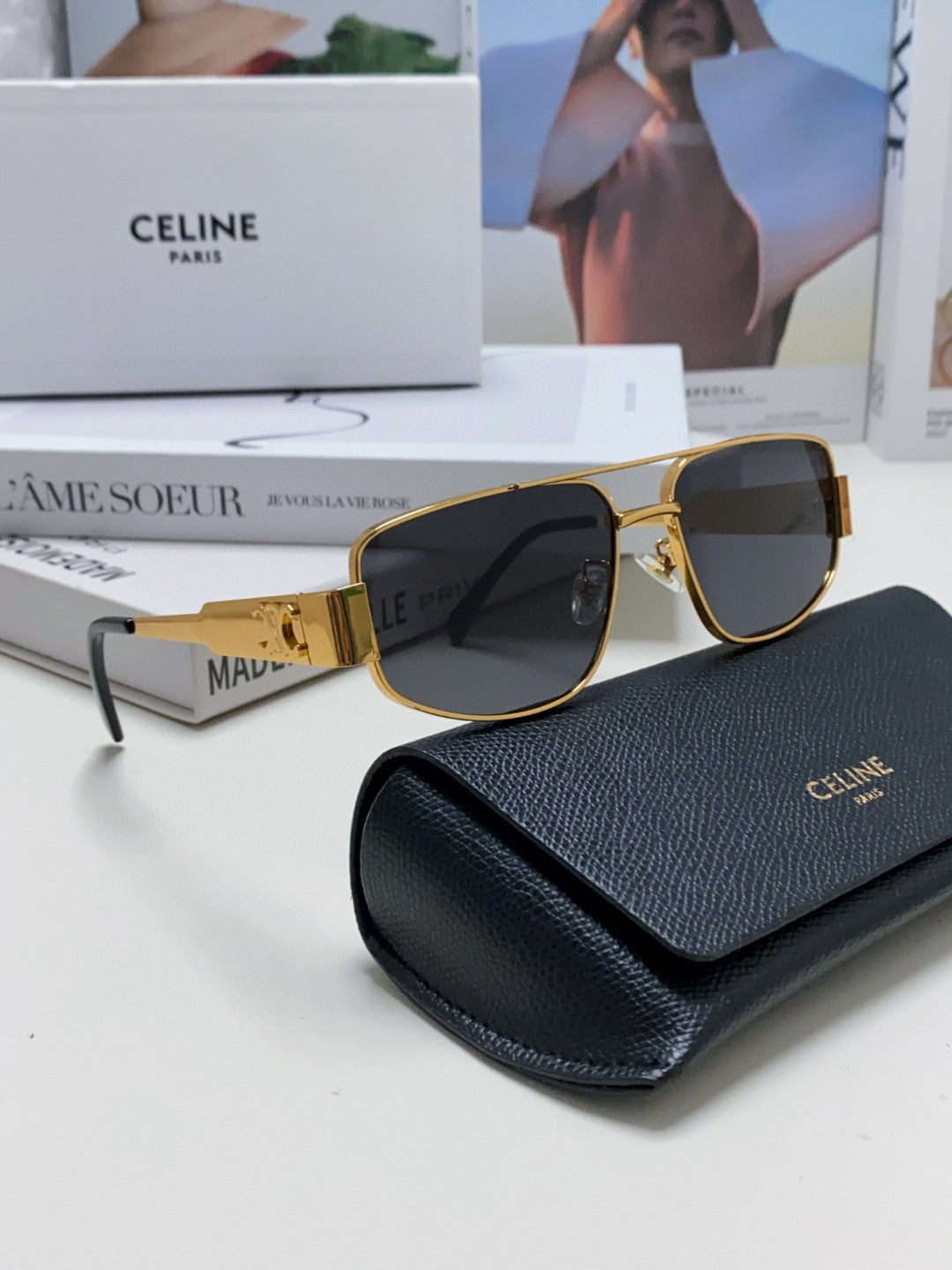 CELINE TRIOMPHE SUNGLASSES 513000 IN GOLD METAL BLACK LENSES