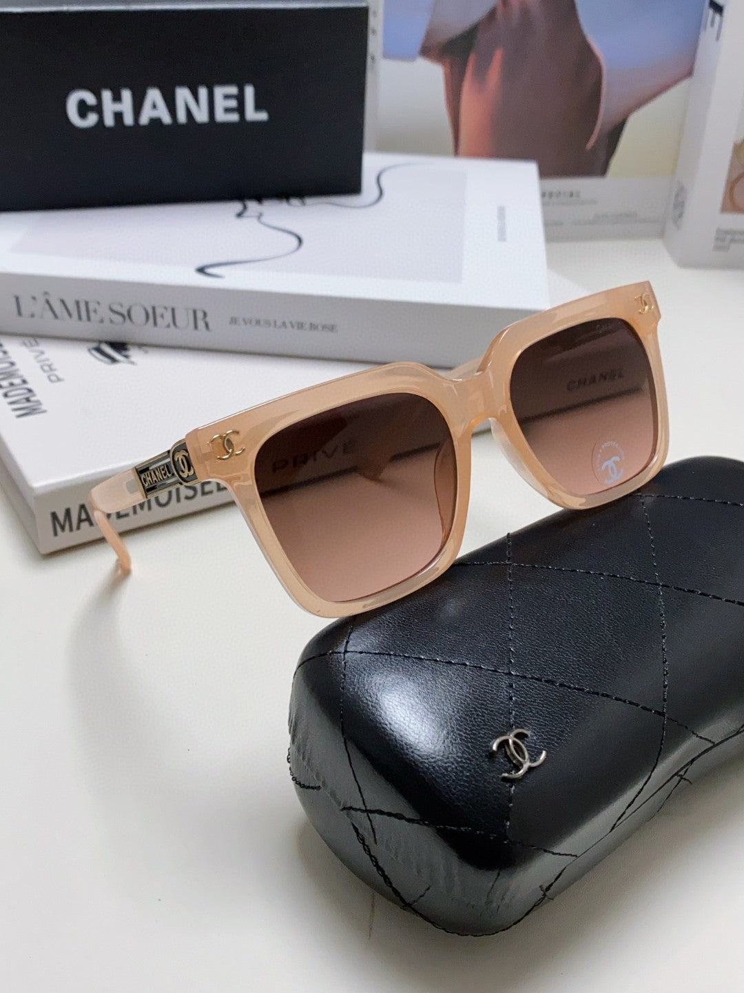 CHANEL SQUARE SUNGLASSES 632877 IN PINK CLEAR ACETATE