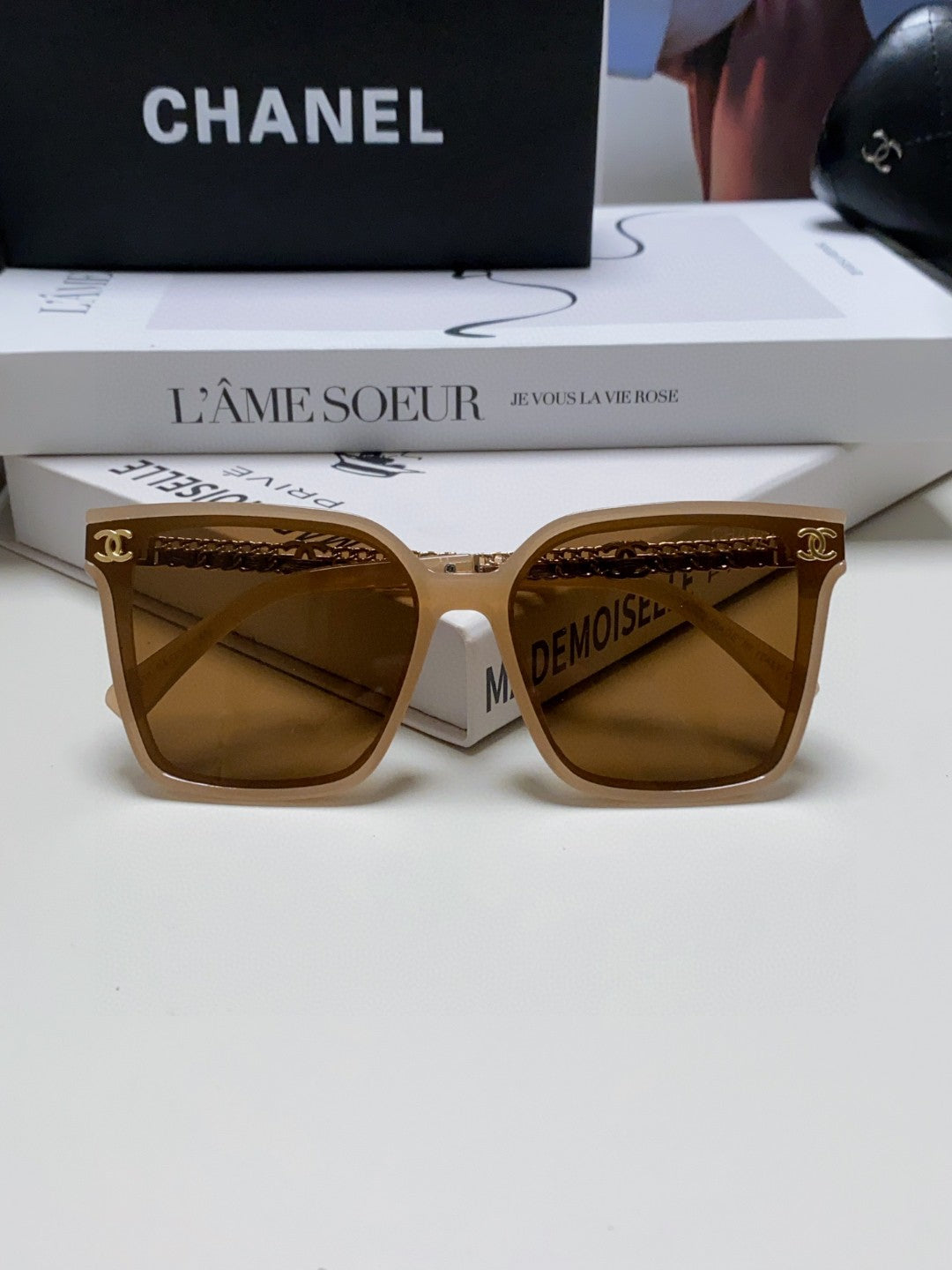 CHANEL SQUARE SUNGLASSES 632884 IN BEIGE CLEAR ACETATE
