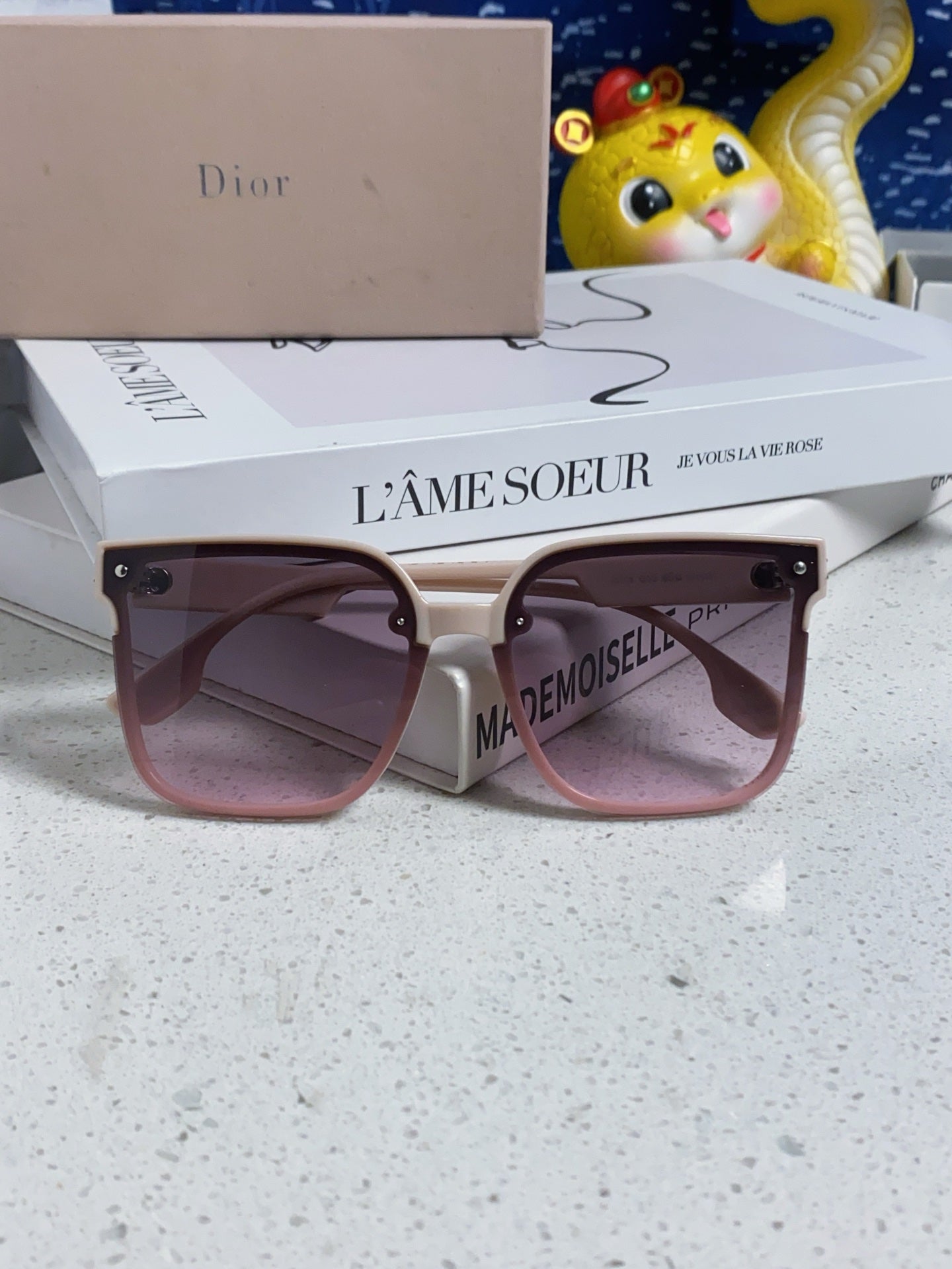 DIOR MONTAIGNE SUNGLASSES 560859 IN BEIGE ACETATE PINK SMOKE LENSES