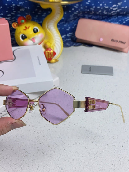 MIU MIU LOGO SUNGLASSES 560863 IN PURPLE CLEAR ACETATE GOLD METAL