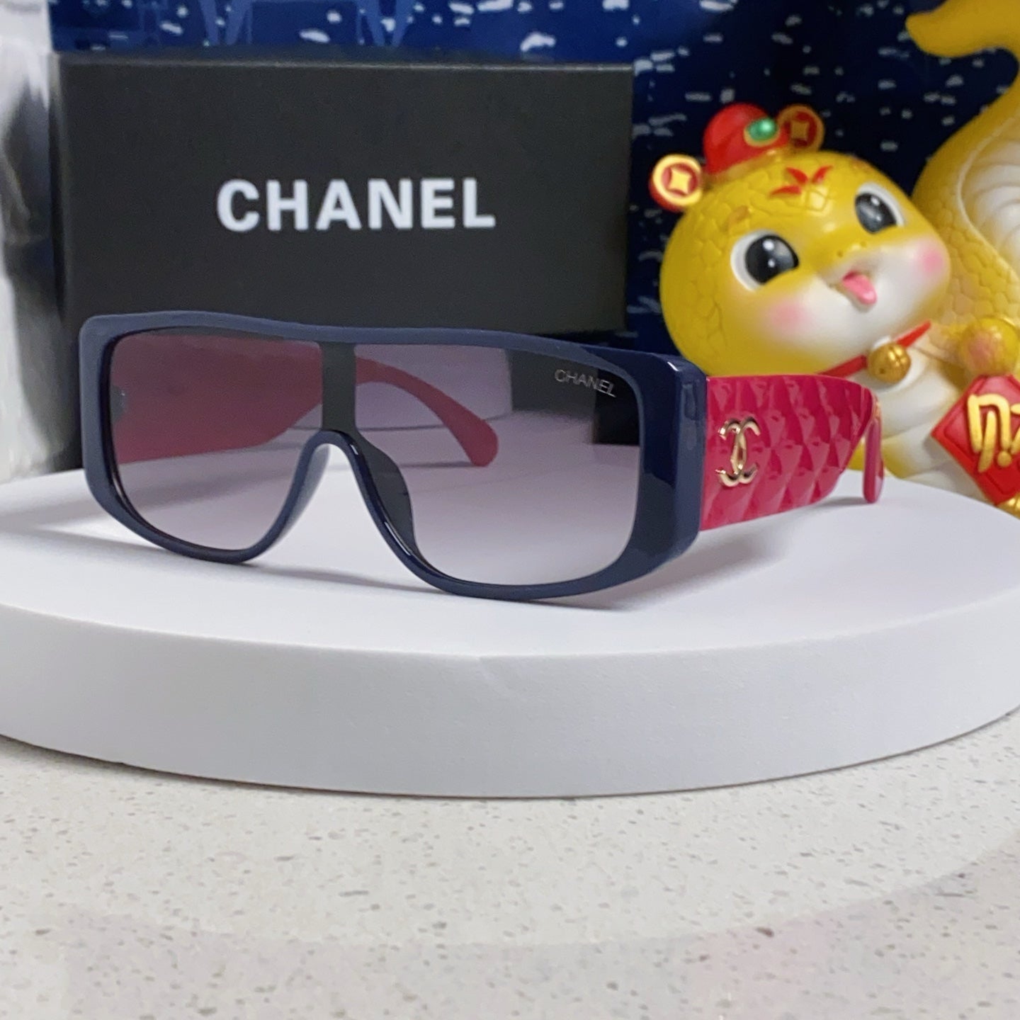 CHANEL SQUARE SUNGLASSES 641780 IN BLUE ACETATE PINK FRAME