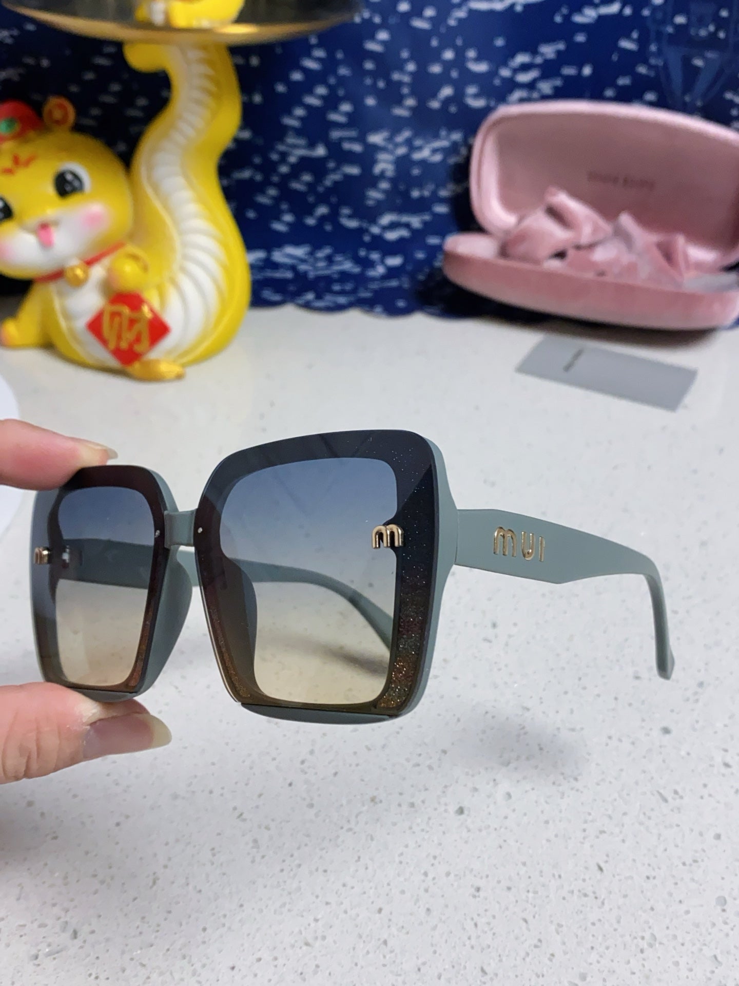 MIU MIU RUNWAY SQUARE SUNGLASSES 563197 IN TAN BLUE ACETATE