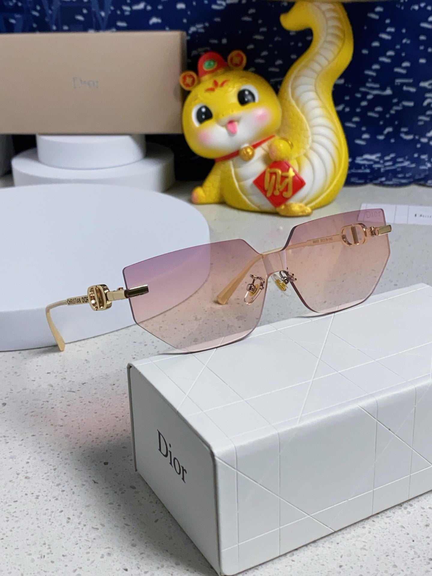 DIOR MONTAIGNE SUNGLASSES 563191 IN GOLD METAL PINK SMOKE LENSES