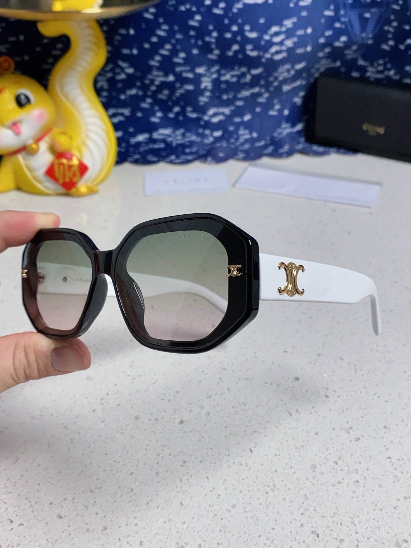 CELINE TRIOMPHE SQUARE SUNGLASSES 566739 IN BLACK AND WHITE ACETATE