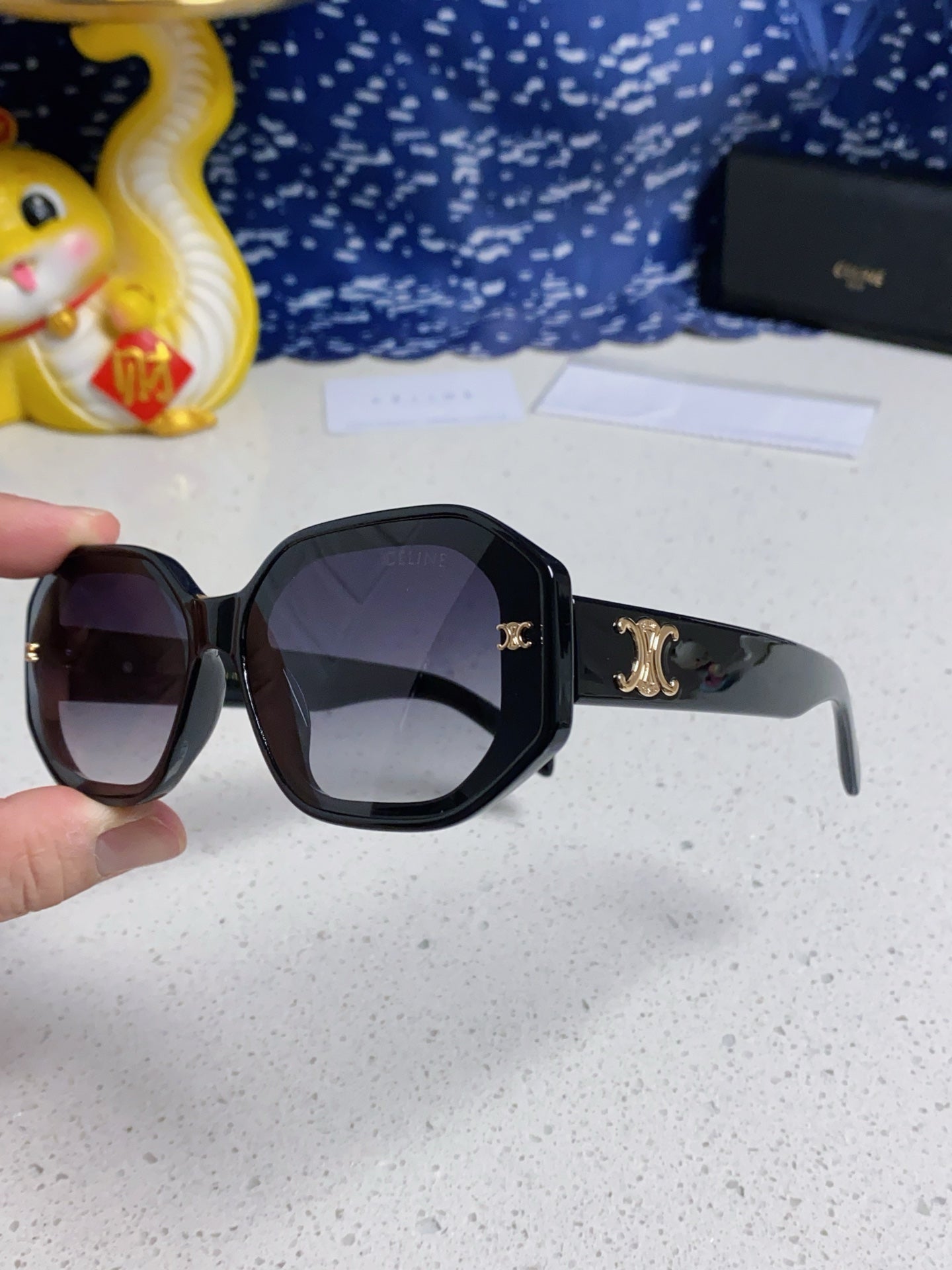 CELINE TRIOMPHE SQUARE SUNGLASSES 566743 IN BLACK ACETATE GRADIENT SMOKE LENSES