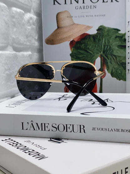 LOUIS VUITTON PARTY PILOT SUNGLASSES 567462 IN GOLD METAL MONOGRAM LOGO ON LENS