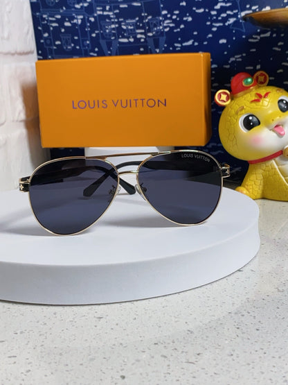 LOUIS VUITTON PILOT SUNGLASSES 571635 IN GOLD METAL BLACK LENSES MONOGRAM LOGO
