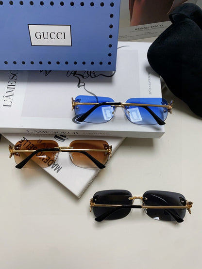 GUCCI BUTTERFLY EMBELLISHED RIMLESS RECTANGULAR FRAME SUNGLASSES 570245 IN METAL