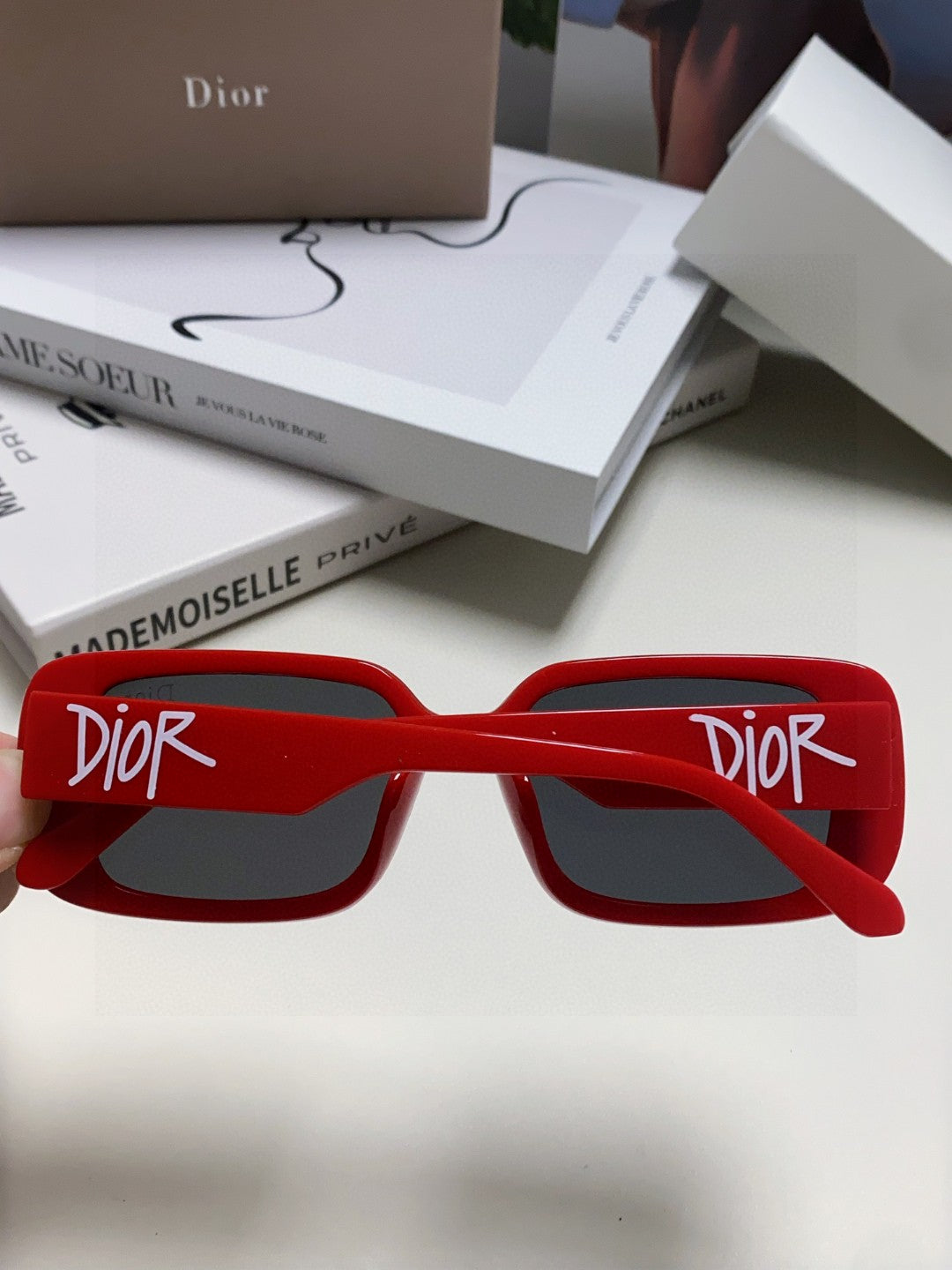DIOR MONTAIGNE SUNGLASSES 571592 IN RED ACETATE TEXT LOGO