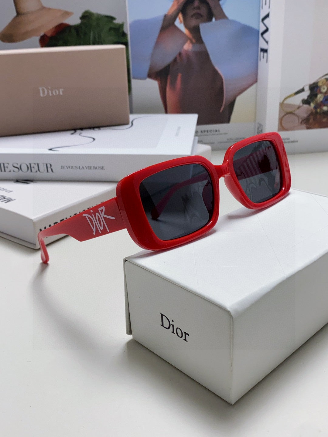 DIOR MONTAIGNE SUNGLASSES 571592 IN RED ACETATE TEXT LOGO