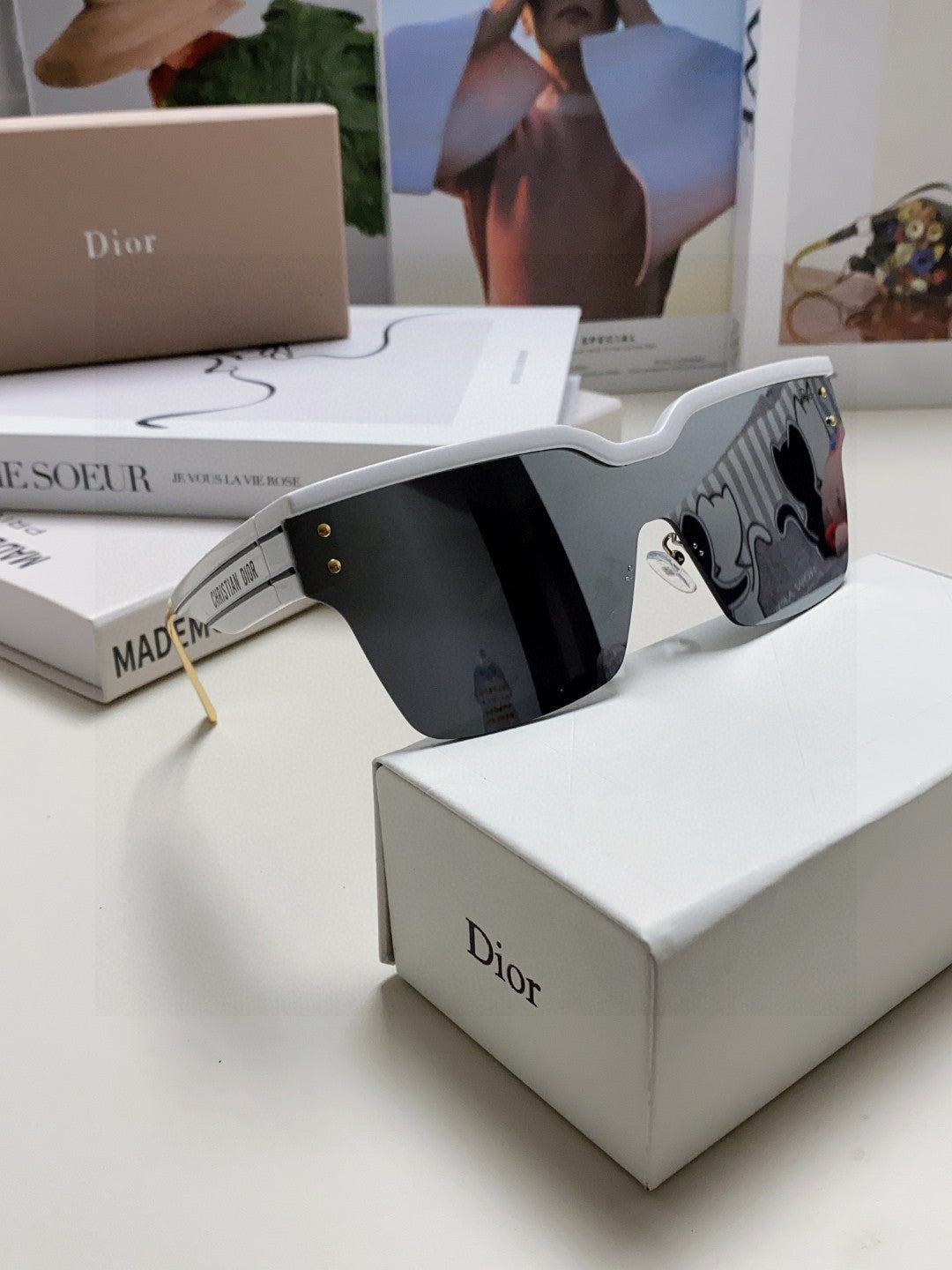 DIOR OBLIQUE SUNGLASSES 571600 IN WHITE METAL BLACK MIRROR LENSES