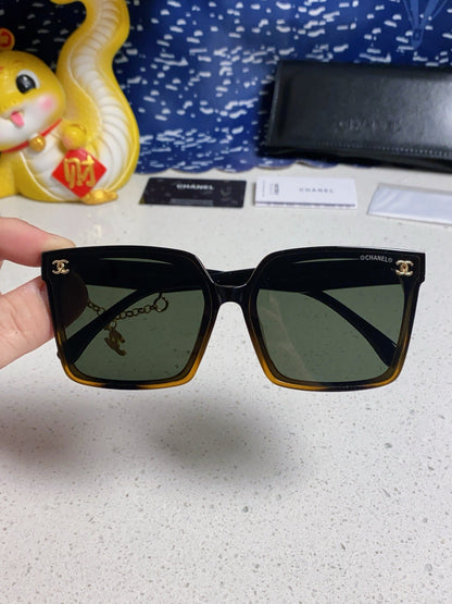 CHANEL SQUARE SUNGLASSES 641808 IN BLACK OMBRE ORANGE ACETATE GOLD CHAIN