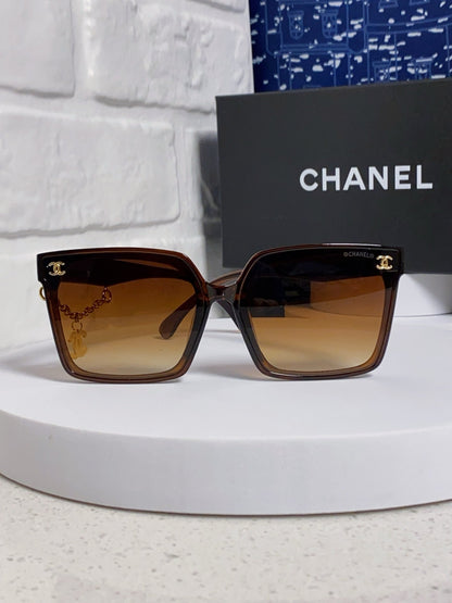 CHANEL SQUARE SUNGLASSES 641810 IN BROWN ACETATE GOLD CHAIN