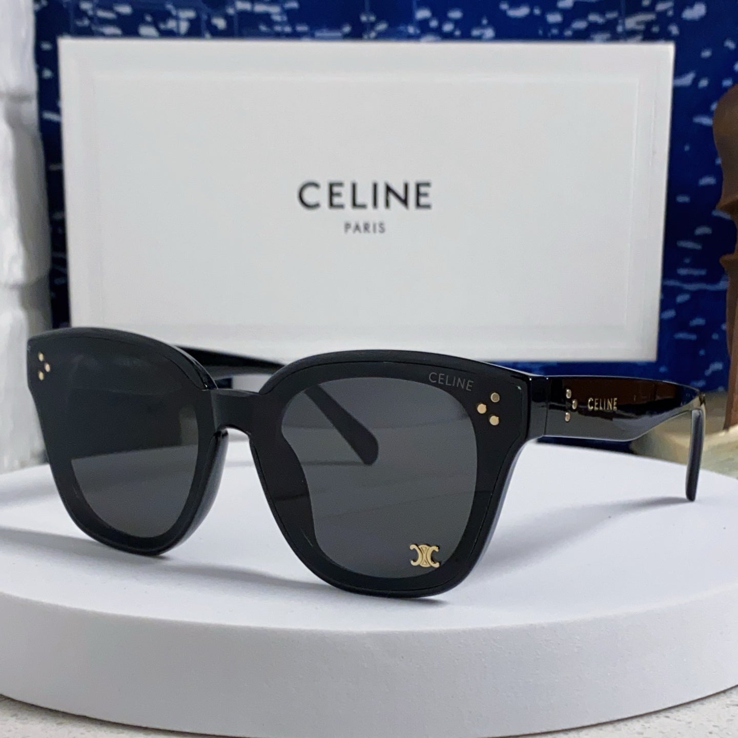 CELINE SQUARE SUNGLASSES 575845 IN BLACK ACETATE BLACK LENSES