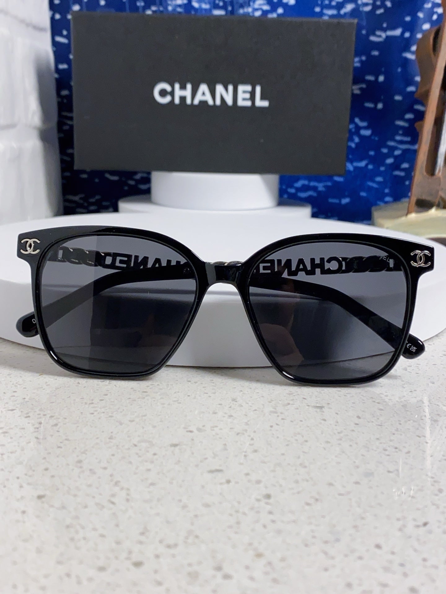 CHANEL SQUARE SUNGLASSES 632032 IN BLACK ACETATE SILVER METAL
