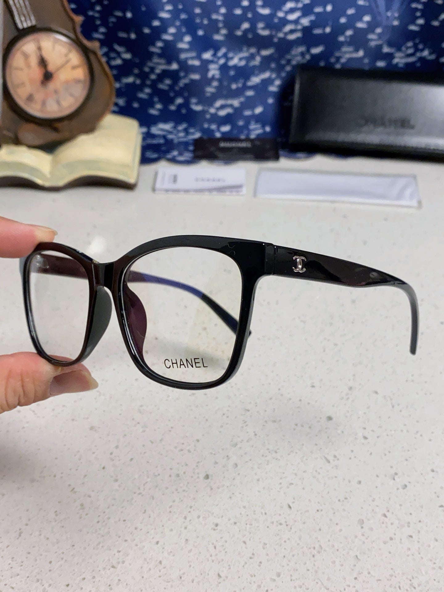 CHANEL SQUARE SUNGLASSES 3392 IN BLACK ACETATE CLEAR LENSES