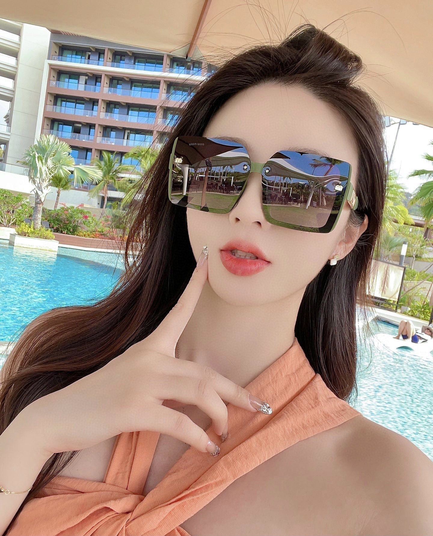 MIU MIU LOGO SQUARE SUNGLASSES 512017 IN GREEN ACETATE