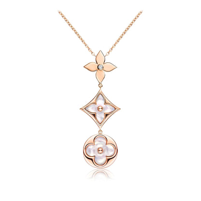 LOUIS VUITTON COLOR BLOSSOM LARIAT NECKLACE PINK GOLD WHITE MOTHER PEARL AND DIAMOND