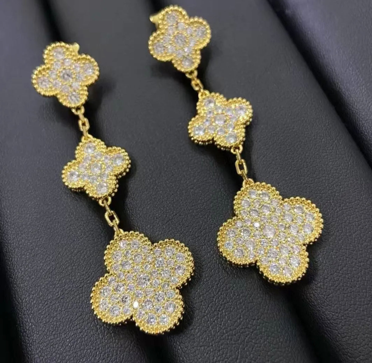 VCA CLOVER 3 MOTIFS DIAMOND PAVED ROSE GOLD & GOLD EARRINGS