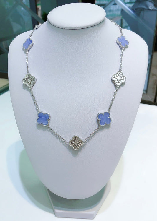 VCA CLOVER 10 MOTIFS CHALCEDONY DIAMONDS SILVER NECKLACE