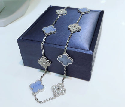 VCA CLOVER 10 MOTIFS CHALCEDONY DIAMONDS SILVER NECKLACE